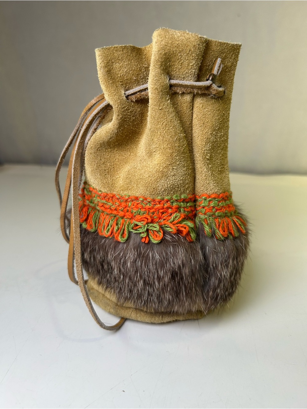 Native American Suede Drawstring Bag Medicine Pouch Fur Trim Boho Chic, Western